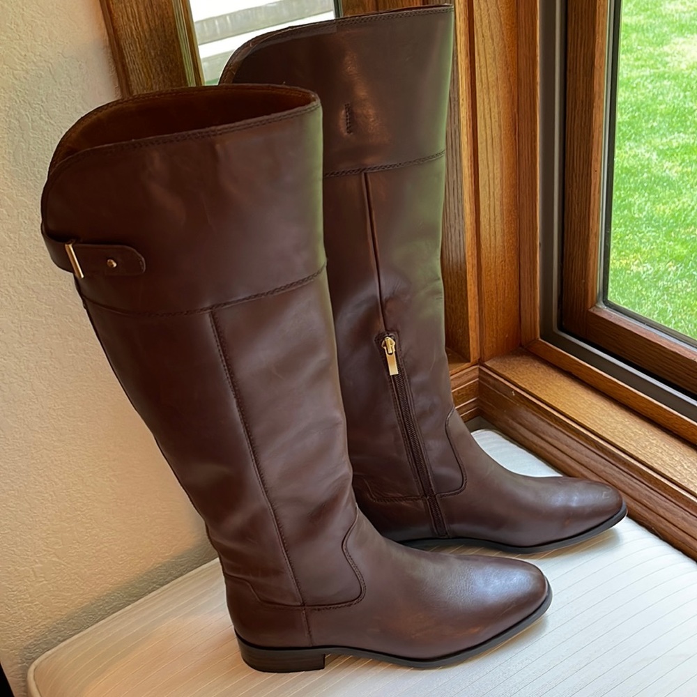 Franco Sarto tall leather pull-on boots. Size 8. Brown. 1 to 1-1/4” heel.